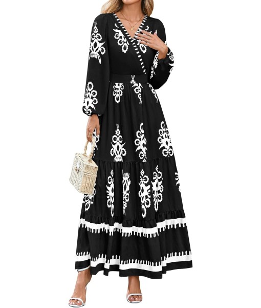 PRETTYGARDEN Women's 2025 Fall Wedding Guest Dresses Boho Floral Long Sleeve V Neck Flowy Elegant Maxi Dress Beach Clothes