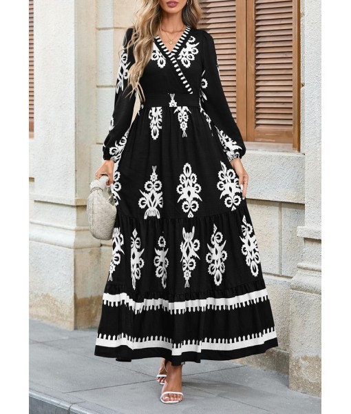 PRETTYGARDEN Women's 2025 Fall Wedding Guest Dresses Boho Floral Long Sleeve V Neck Flowy Elegant Maxi Dress Beach Clothes