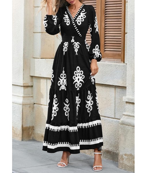 PRETTYGARDEN Women's 2025 Fall Wedding Guest Dresses Boho Floral Long Sleeve V Neck Flowy Elegant Maxi Dress Beach Clothes