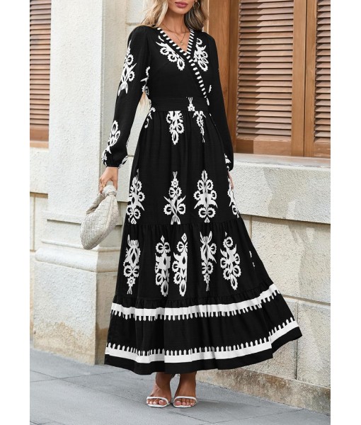 PRETTYGARDEN Women's 2025 Fall Wedding Guest Dresses Boho Floral Long Sleeve V Neck Flowy Elegant Maxi Dress Beach Clothes