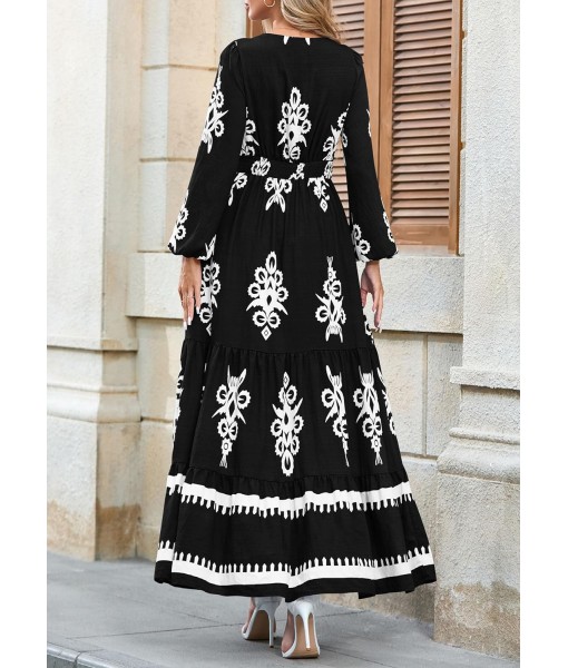 PRETTYGARDEN Women's 2025 Fall Wedding Guest Dresses Boho Floral Long Sleeve V Neck Flowy Elegant Maxi Dress Beach Clothes
