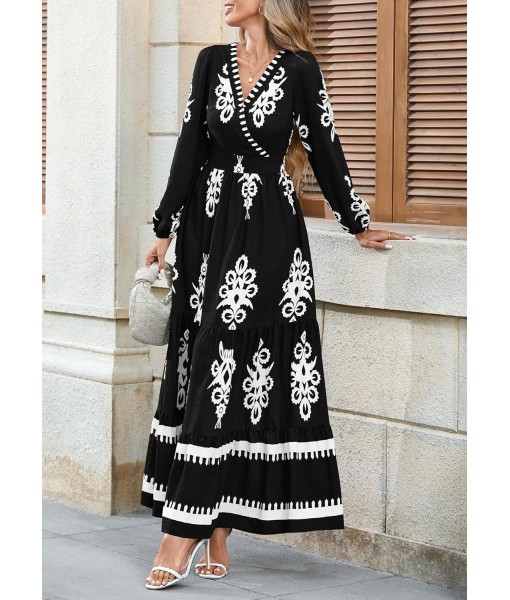 PRETTYGARDEN Women's 2025 Fall Wedding Guest Dresses Boho Floral Long Sleeve V Neck Flowy Elegant Maxi Dress Beach Clothes