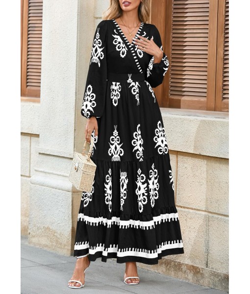 PRETTYGARDEN Women's 2025 Fall Wedding Guest Dresses Boho Floral Long Sleeve V Neck Flowy Elegant Maxi Dress Beach Clothes