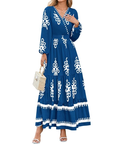 PRETTYGARDEN Women's 2025 Fall Wedding Guest Dresses Boho Floral Long Sleeve V Neck Flowy Elegant Maxi Dress Beach Clothes