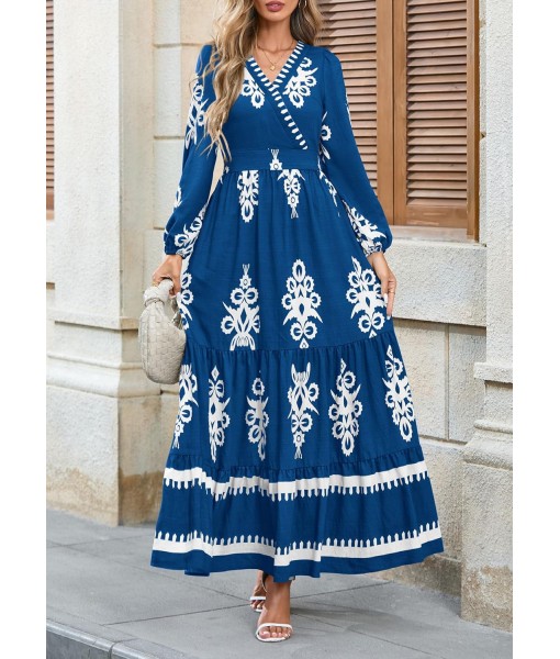 PRETTYGARDEN Women's 2025 Fall Wedding Guest Dresses Boho Floral Long Sleeve V Neck Flowy Elegant Maxi Dress Beach Clothes