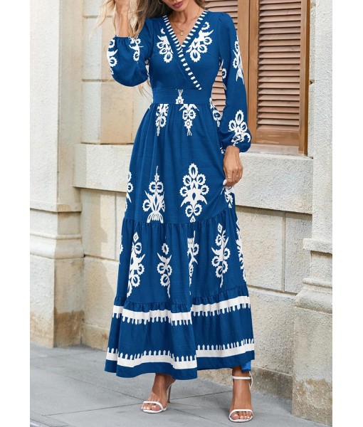 PRETTYGARDEN Women's 2025 Fall Wedding Guest Dresses Boho Floral Long Sleeve V Neck Flowy Elegant Maxi Dress Beach Clothes