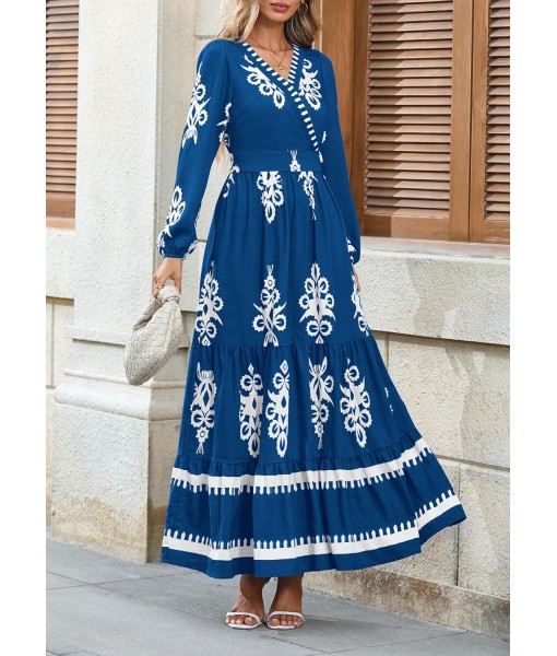 PRETTYGARDEN Women's 2025 Fall Wedding Guest Dresses Boho Floral Long Sleeve V Neck Flowy Elegant Maxi Dress Beach Clothes