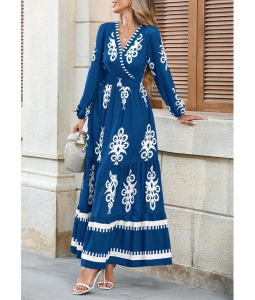 PRETTYGARDEN Women's 2025 Fall Wedding Guest Dresses Boho Floral Long Sleeve V Neck Flowy Elegant Maxi Dress Beach Clothes