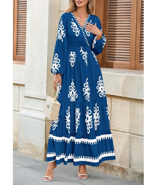 PRETTYGARDEN Women's 2025 Fall Wedding Guest Dresses Boho Floral Long Sleeve V Neck Flowy Elegant Maxi Dress Beach Clothes