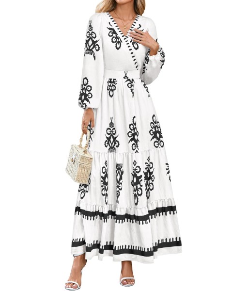 PRETTYGARDEN Women's 2025 Fall Wedding Guest Dresses Boho Floral Long Sleeve V Neck Flowy Elegant Maxi Dress Beach Clothes