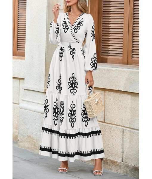 PRETTYGARDEN Women's 2025 Fall Wedding Guest Dresses Boho Floral Long Sleeve V Neck Flowy Elegant Maxi Dress Beach Clothes