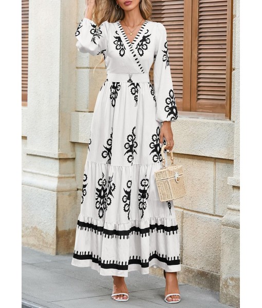 PRETTYGARDEN Women's 2025 Fall Wedding Guest Dresses Boho Floral Long Sleeve V Neck Flowy Elegant Maxi Dress Beach Clothes