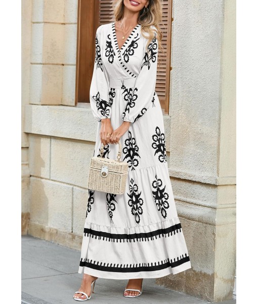 PRETTYGARDEN Women's 2025 Fall Wedding Guest Dresses Boho Floral Long Sleeve V Neck Flowy Elegant Maxi Dress Beach Clothes
