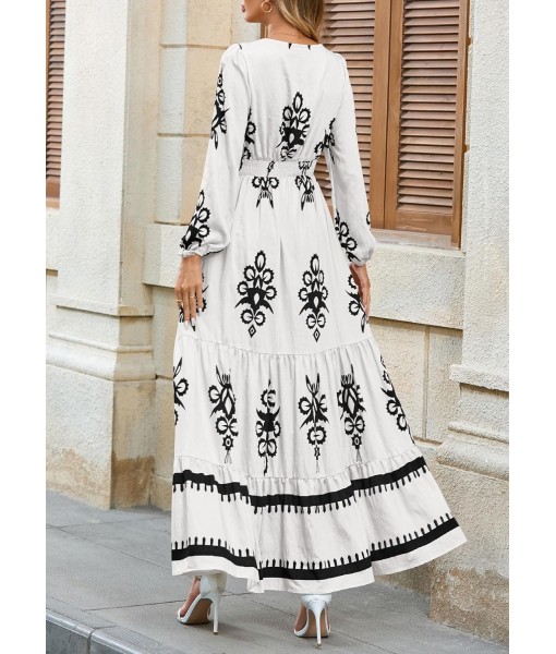PRETTYGARDEN Women's 2025 Fall Wedding Guest Dresses Boho Floral Long Sleeve V Neck Flowy Elegant Maxi Dress Beach Clothes