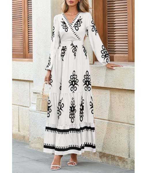 PRETTYGARDEN Women's 2025 Fall Wedding Guest Dresses Boho Floral Long Sleeve V Neck Flowy Elegant Maxi Dress Beach Clothes