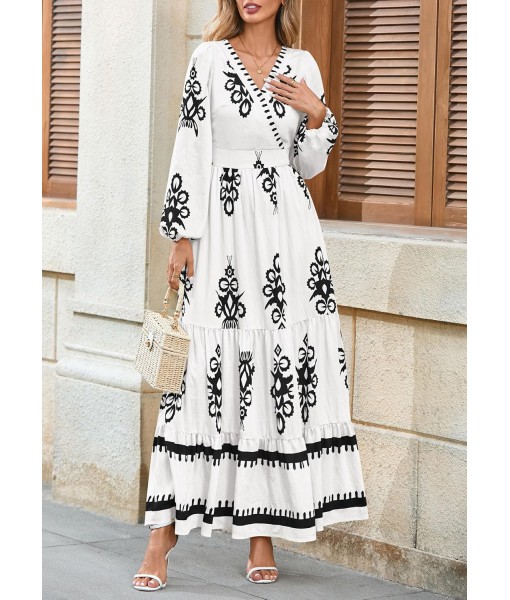 PRETTYGARDEN Women's 2025 Fall Wedding Guest Dresses Boho Floral Long Sleeve V Neck Flowy Elegant Maxi Dress Beach Clothes