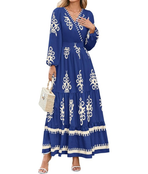 PRETTYGARDEN Women's 2025 Fall Wedding Guest Dresses Boho Floral Long Sleeve V Neck Flowy Elegant Maxi Dress Beach Clothes