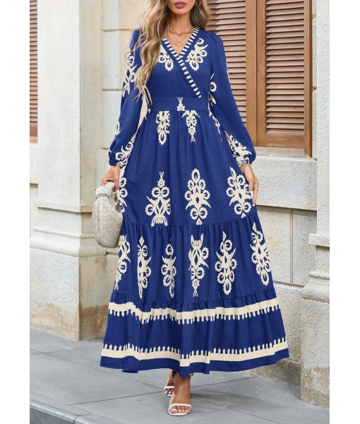 PRETTYGARDEN Women's 2025 Fall Wedding Guest Dresses Boho Floral Long Sleeve V Neck Flowy Elegant Maxi Dress Beach Clothes