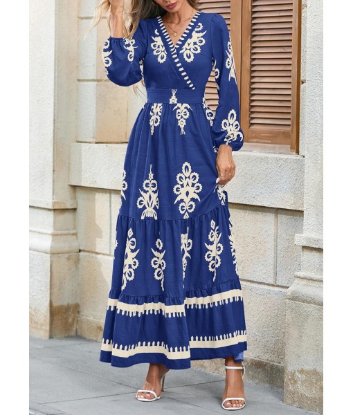 PRETTYGARDEN Women's 2025 Fall Wedding Guest Dresses Boho Floral Long Sleeve V Neck Flowy Elegant Maxi Dress Beach Clothes