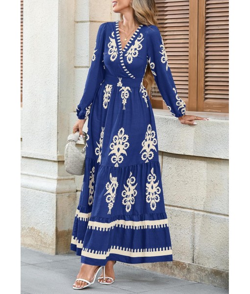 PRETTYGARDEN Women's 2025 Fall Wedding Guest Dresses Boho Floral Long Sleeve V Neck Flowy Elegant Maxi Dress Beach Clothes