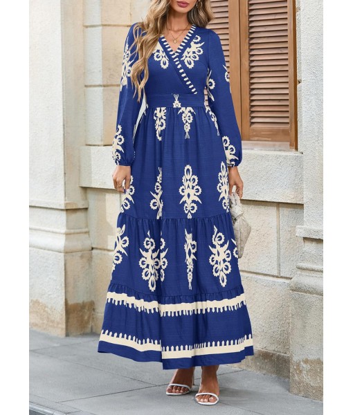 PRETTYGARDEN Women's 2025 Fall Wedding Guest Dresses Boho Floral Long Sleeve V Neck Flowy Elegant Maxi Dress Beach Clothes