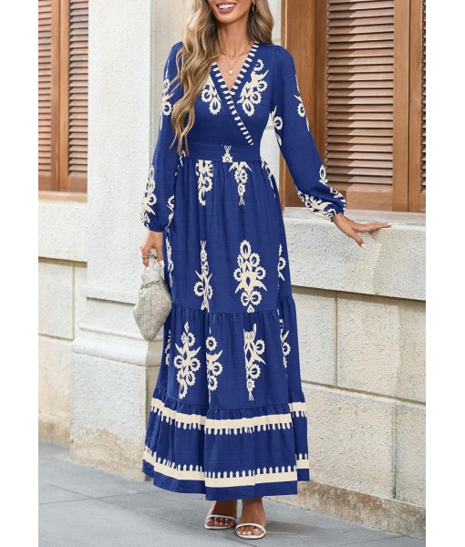 PRETTYGARDEN Women's 2025 Fall Wedding Guest Dresses Boho Floral Long Sleeve V Neck Flowy Elegant Maxi Dress Beach Clothes