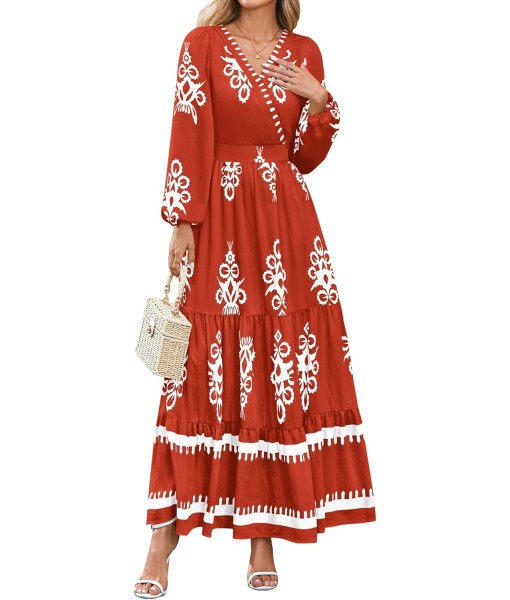 PRETTYGARDEN Women's 2025 Fall Wedding Guest Dresses Boho Floral Long Sleeve V Neck Flowy Elegant Maxi Dress Beach Clothes