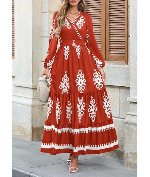 PRETTYGARDEN Women's 2025 Fall Wedding Guest Dresses Boho Floral Long Sleeve V Neck Flowy Elegant Maxi Dress Beach Clothes