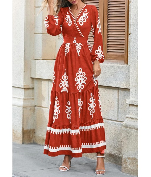 PRETTYGARDEN Women's 2025 Fall Wedding Guest Dresses Boho Floral Long Sleeve V Neck Flowy Elegant Maxi Dress Beach Clothes