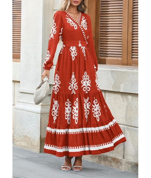 PRETTYGARDEN Women's 2025 Fall Wedding Guest Dresses Boho Floral Long Sleeve V Neck Flowy Elegant Maxi Dress Beach Clothes