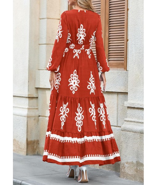 PRETTYGARDEN Women's 2025 Fall Wedding Guest Dresses Boho Floral Long Sleeve V Neck Flowy Elegant Maxi Dress Beach Clothes