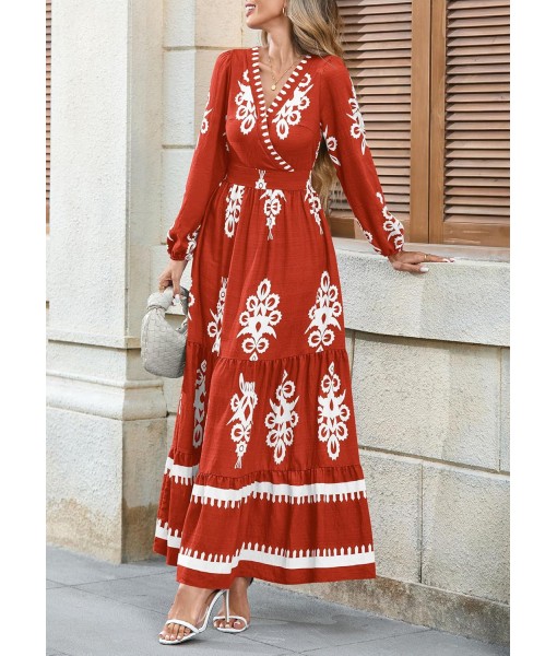 PRETTYGARDEN Women's 2025 Fall Wedding Guest Dresses Boho Floral Long Sleeve V Neck Flowy Elegant Maxi Dress Beach Clothes