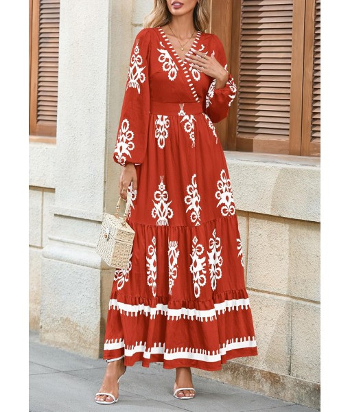 PRETTYGARDEN Women's 2025 Fall Wedding Guest Dresses Boho Floral Long Sleeve V Neck Flowy Elegant Maxi Dress Beach Clothes
