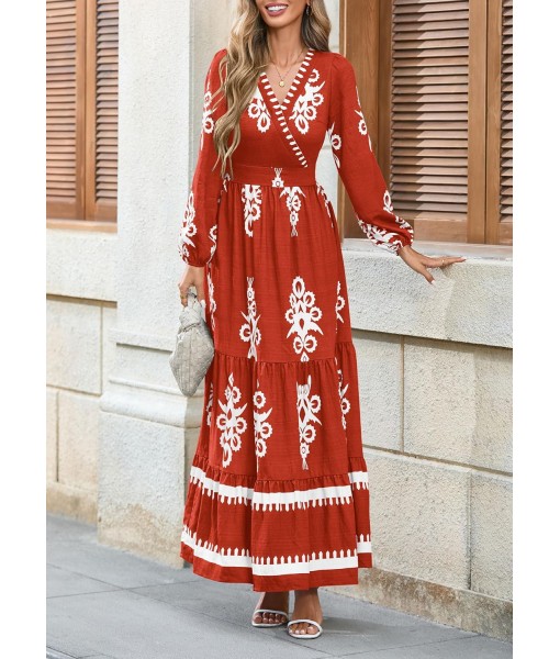 PRETTYGARDEN Women's 2025 Fall Wedding Guest Dresses Boho Floral Long Sleeve V Neck Flowy Elegant Maxi Dress Beach Clothes
