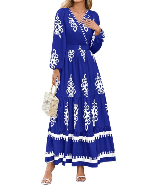 PRETTYGARDEN Women's 2025 Fall Wedding Guest Dresses Boho Floral Long Sleeve V Neck Flowy Elegant Maxi Dress Beach Clothes