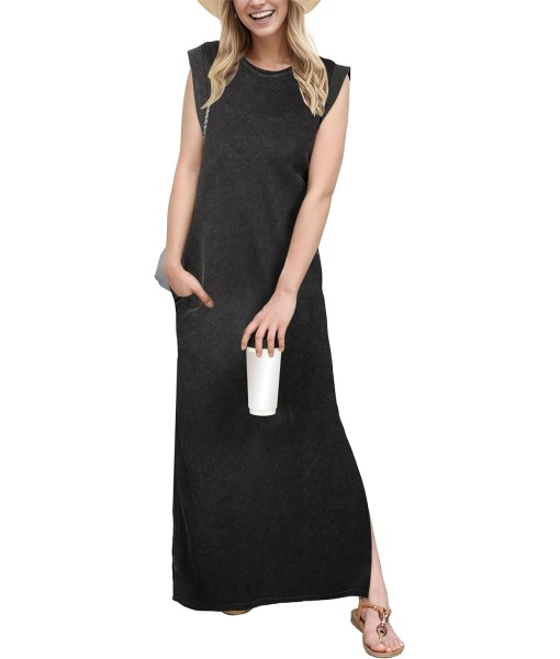 GRECERELLE 2025 Women Year-Round Casual Round Neck Loose Split Wrinkle-Free Long Maxi Vacation Dress with Pockets (XS-3XL)