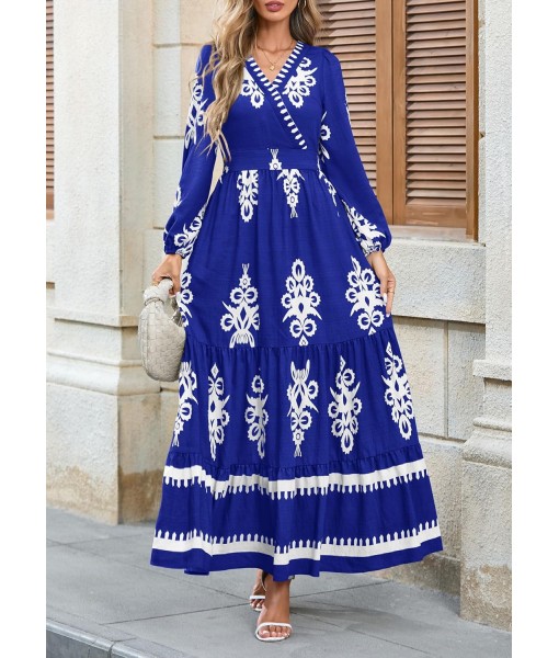 PRETTYGARDEN Women's 2025 Fall Wedding Guest Dresses Boho Floral Long Sleeve V Neck Flowy Elegant Maxi Dress Beach Clothes