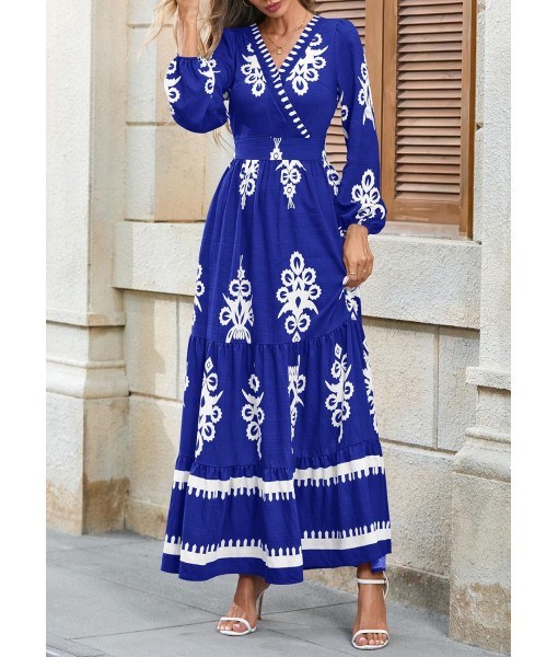 PRETTYGARDEN Women's 2025 Fall Wedding Guest Dresses Boho Floral Long Sleeve V Neck Flowy Elegant Maxi Dress Beach Clothes