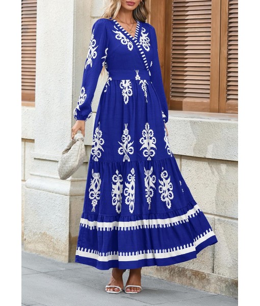 PRETTYGARDEN Women's 2025 Fall Wedding Guest Dresses Boho Floral Long Sleeve V Neck Flowy Elegant Maxi Dress Beach Clothes