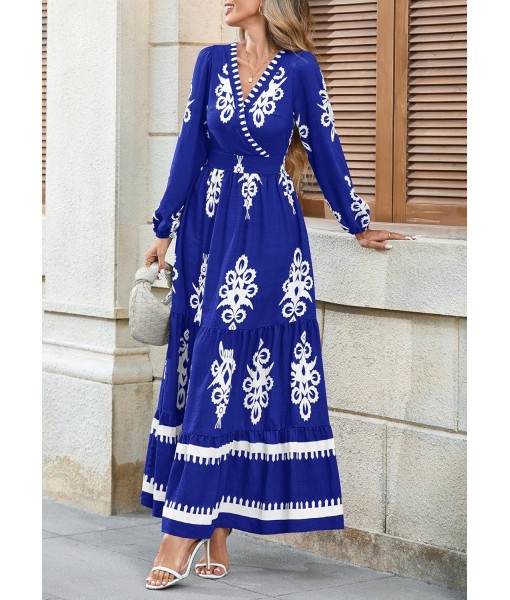 PRETTYGARDEN Women's 2025 Fall Wedding Guest Dresses Boho Floral Long Sleeve V Neck Flowy Elegant Maxi Dress Beach Clothes