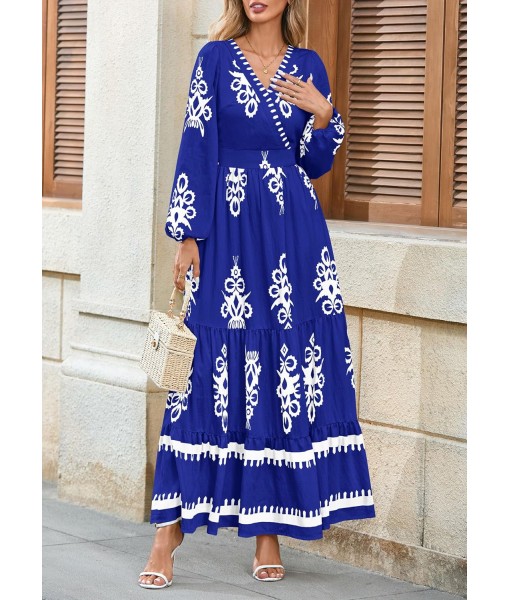 PRETTYGARDEN Women's 2025 Fall Wedding Guest Dresses Boho Floral Long Sleeve V Neck Flowy Elegant Maxi Dress Beach Clothes