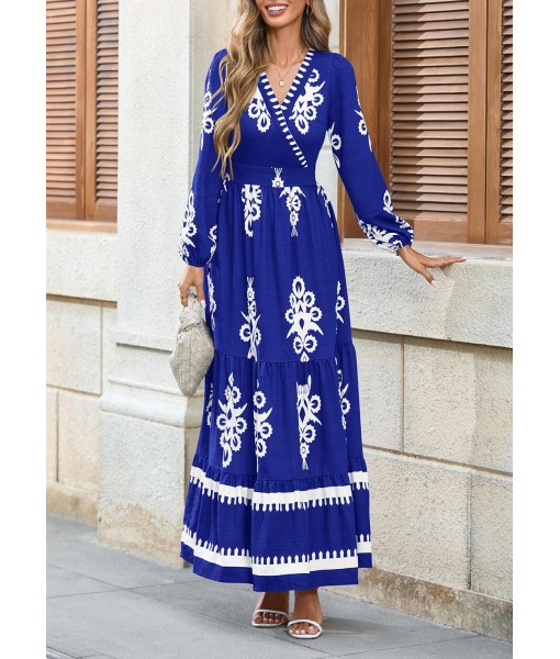PRETTYGARDEN Women's 2025 Fall Wedding Guest Dresses Boho Floral Long Sleeve V Neck Flowy Elegant Maxi Dress Beach Clothes