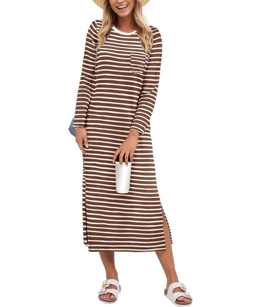 ANRABESS Womens 3/4 Long Sleeve Striped Slit Midi T Shirt Dresses with Pockets 2025 Dressy Casual Fall Fashion Travel Outfits