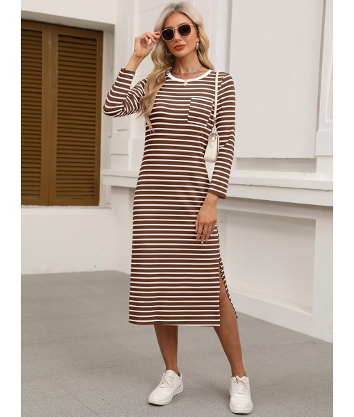 ANRABESS Womens 3/4 Long Sleeve Striped Slit Midi T Shirt Dresses with Pockets 2025 Dressy Casual Fall Fashion Travel Outfits