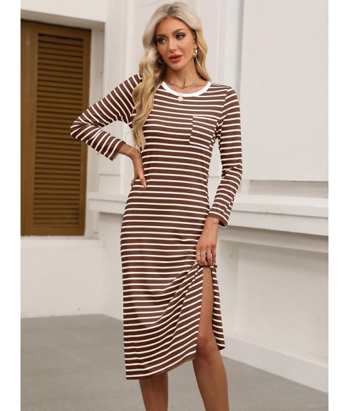 ANRABESS Womens 3/4 Long Sleeve Striped Slit Midi T Shirt Dresses with Pockets 2025 Dressy Casual Fall Fashion Travel Outfits