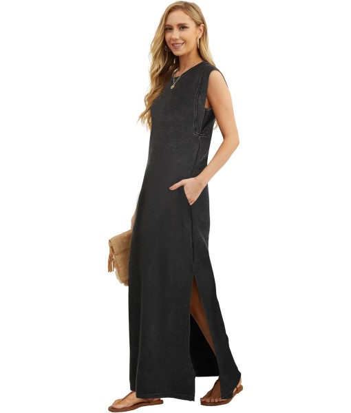 GRECERELLE 2025 Women Year-Round Casual Round Neck Loose Split Wrinkle-Free Long Maxi Vacation Dress with Pockets (XS-3XL)