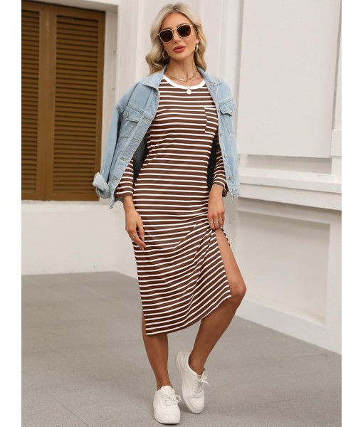 ANRABESS Womens 3/4 Long Sleeve Striped Slit Midi T Shirt Dresses with Pockets 2025 Dressy Casual Fall Fashion Travel Outfits