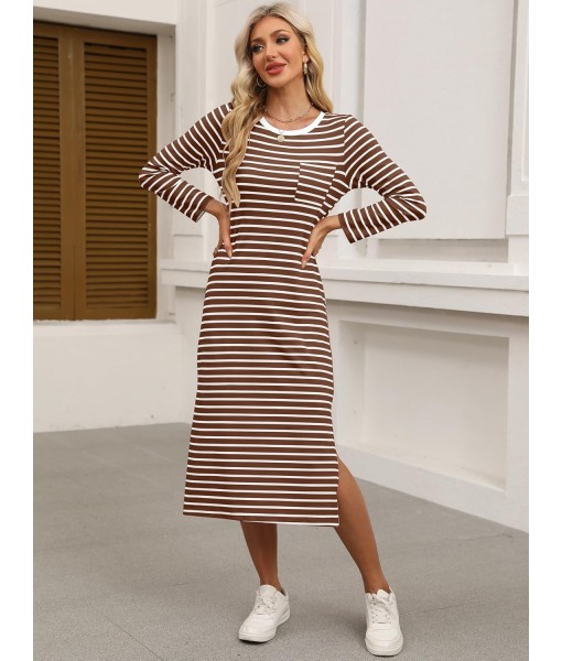 ANRABESS Womens 3/4 Long Sleeve Striped Slit Midi T Shirt Dresses with Pockets 2025 Dressy Casual Fall Fashion Travel Outfits