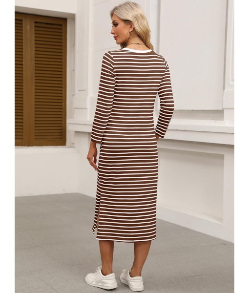 ANRABESS Womens 3/4 Long Sleeve Striped Slit Midi T Shirt Dresses with Pockets 2025 Dressy Casual Fall Fashion Travel Outfits