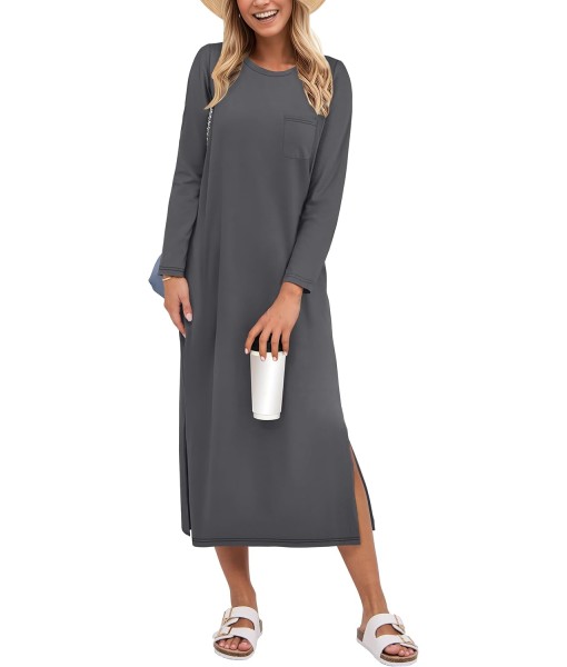ANRABESS Womens 3/4 Long Sleeve Striped Slit Midi T Shirt Dresses with Pockets 2025 Dressy Casual Fall Fashion Travel Outfits